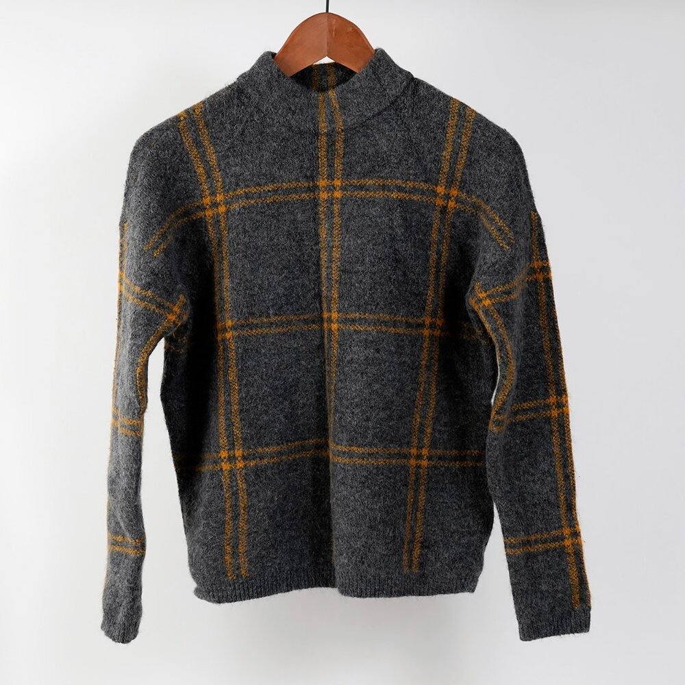 Belle Ultrasoft Burberry Style Windowpane Check Mock Neck Sweater, Size M